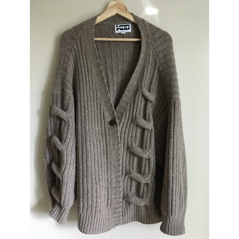 KBB by Kahlana XL Oversized Ribbed Cardigan Taupe Ladder Cable Knit Sweater
